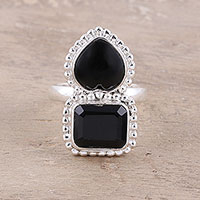 Onyx cocktail ring, 'Lady of Delhi' - Faceted Black Onyx Sterling Silver Heart Cocktail Ring