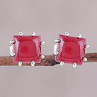 Jasper button earrings, 'Brilliant Red' - Red Jasper and Sterling Silver Button Earrings from India