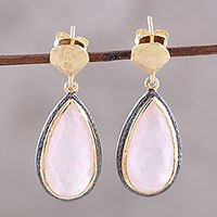Gold plated rose quartz dangle earrings,
