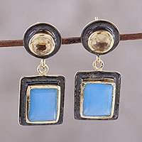 Gold accented chalcedony and citrine dangle earrings,