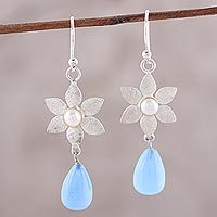 Chalcedony and cultured pearl dangle earrings,