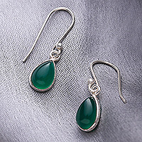 Onyx dangle earrings, 'Gentle Tear in Green' - Green Onyx and Sterling Silver Teardrop Dangle Earrings