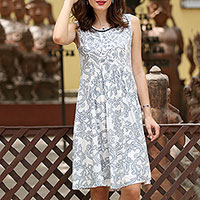 Viscose sundress, 'Azure Vines' - Viscose Dress with Printed Vine Motifs in Azure from India