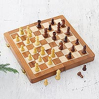 Wood chess set, 'Strategist' - Wood Travel Chess Set with Board Folding into Storage Case