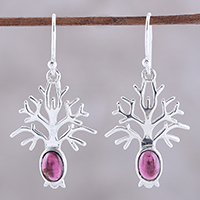 Garnet dangle earrings, 'Budding Tree' - Tree-Shaped Garnet Dangle Earrings from India