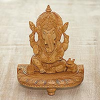 Wood sculpture, 'Ganesha with Sweet Treats' - Hand-Carved Hindu Lord Ganesha Kadam Wood Sculpture