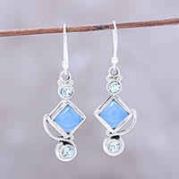 Blue topaz and chalcedony dangle earrings, 'Beauty of the Seas' - Blue Topaz and Chalcedony Dangle Earrings Handmade in India