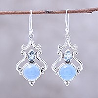 Chalcedony and blue topaz dangle earrings,