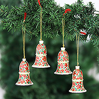 Papier mache ornaments, 'Kashmir Bells' (set of 4) - Handmade Papier Mache Bell Ornaments from India (Set of 4)