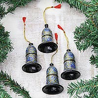 Papier mache ornaments, 'Blue Bloom' (set of 4) - Papier Mache Bell Ornaments in Blue from India (Set of 4)
