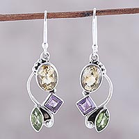 Multi-gemstone dangle earrings, 'Sun with Violets' - Citrine Amethyst Peridot and Sterling Silver Dangle Earrings