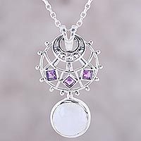 Rainbow moonstone and amethyst pendant necklace,