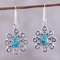 Amethyst dangle earrings, 'Peacock Reign' - Amethyst Composite Turquoise Sterling Silver Dangle Earrings