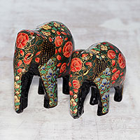 Papier mache and wood sculptures, 'Maternal Connection' (pair) - Floral Papier Mache Elephant Sculptures (Pair) from India