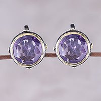 Gold accented amethyst button earrings,