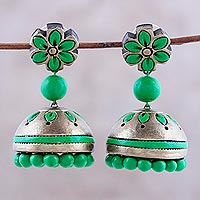 Ceramic dangle earrings, 'Green Garden' - Ceramic Dangle Earrings with Green Floral Motifs from India