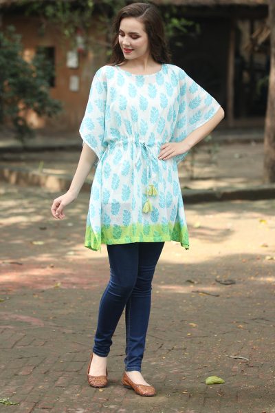 Short cotton caftan, 'Haven of Leaves' - Turquoise White and Green Leaf Print Cotton Caftan