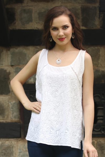 Cotton blouse, 'Morning Bliss' - Floral Embroidered Cotton Blouse from India