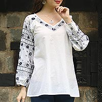 Long Sleeve Floral White Tunic Hand Embroidered in India,'Late Night Bloom'