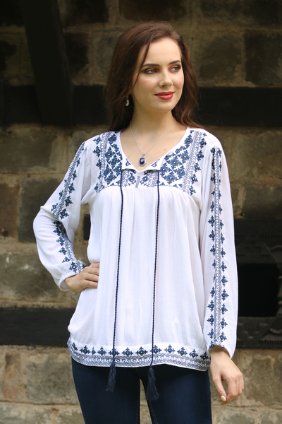 Viscose blouse, Embroidered Blue