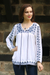 Viscose blouse, 'Embroidered Blue' - Embroidered Long Sleeved White and Navy Tunic from India thumbail