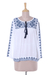 Viscose blouse, 'Embroidered Blue' - Embroidered Long Sleeved White and Navy Tunic from India (image 2a) thumbail