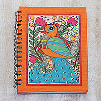Madhubani painting journal, 'Spring Bliss' - Paper Journal with Signed Madhubani Bird Painting from India
