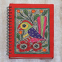 Madhubani painting journal, 'Joyful Song' - Handmade Paper Journal with Signed Madhubani Bird Painting