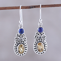 Citrine and lapis lazuli dangle earrings, 'Majestic Curls' - Curl Motif Citrine and Lapis Lazuli Dangle Earrings