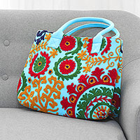 Cotton tote, 'Folk Art Florals' - Embroidered Sky Blue Floral Folk Art Cotton Handbag