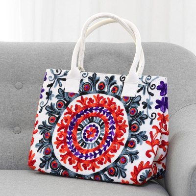 Cotton tote, 'Floral Mandala' - Chain Stitch Embroidered Cotton Tote Handbag from India