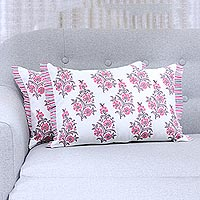 Cotton cushion covers, 'Cheerful Flowers' (pair) - 2 Pink and White Floral Block Print Cotton Cushion Covers
