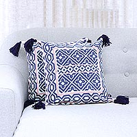 Cotton cushion covers, 'Geometric Blooms' (pair) - Navy Coral and Aqua Geometric Pair of Cotton Cushion Covers