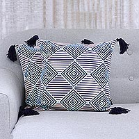 Cotton cushion covers, 'Geometric Ambiance' (pair) - Geometric Print Cotton Cushion Covers with Tassels (Pair)