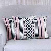 Cotton cushion covers, 'Geometric Inspiration' (pair) - Coral Geometric Striped Pair of Cotton Cushion Covers