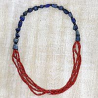Lapis lazuli and agate long beaded necklace,