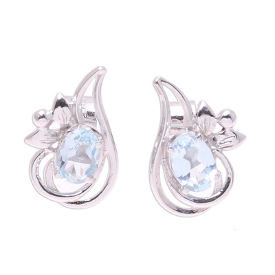 Rhodium plated blue topaz button earrings, 'Classic Paisley' - Rhodium Plated Blue Topaz Paisley Button Earrings from India