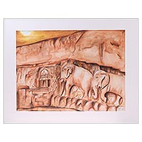 'Marching Elephants' - Signed Expressionist Painting of Elephants from India