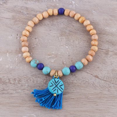 Wood and bone beaded stretch bracelet, Cheerful Blue