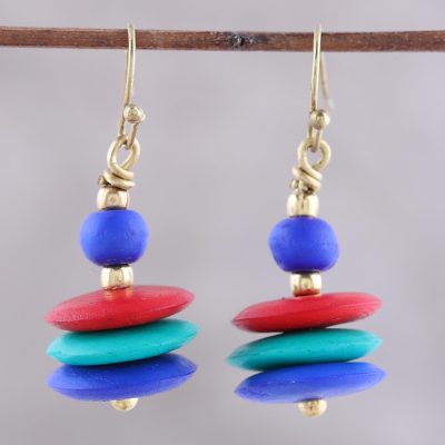 Bone beaded dangle earrings, Cool Discs