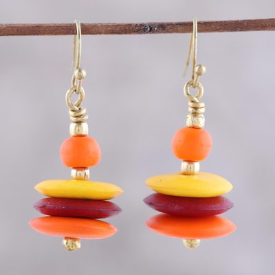 Bone beaded dangle earrings, Blazing Discs