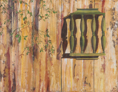 'Morning Glory' - Signed Realist Painting of a House Railing from India