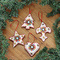 Wool ornaments, 'Christmas Charms' (set of 4) - Handmade Beaded Wool Christmas Ornaments (set of 4)
