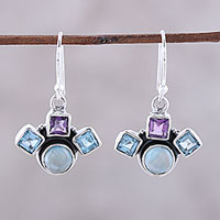 Multi-gemstone dangle earrings, 'Delightful Glow' - Blue Topaz Amethyst and Larimar Silver Dangle Earrings