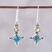 Citrine dangle earrings, 'Opulent Stars' - Sterling Silver Citrine and Composite Turquoise Earrings