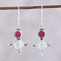 Rainbow moonstone and agate dangle earrings, 'Opulent Stars' - Pink Agate and Rainbow Moonstone Star Dangle Earrings