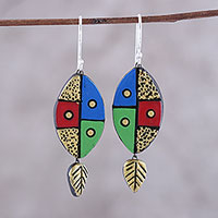 Ceramic dangle earrings, 'Blissful Colors' - Leaf-Themed Ceramic Dangle Earrings Crafted in India