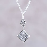 Drusy pendant necklace, 'Sparkling Harmony' - Sterling Silver Geometric Drusy Quartz Pendant Necklace