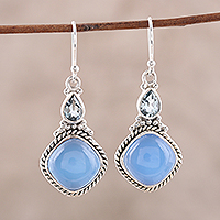 Blue topaz and chalcedony dangle earrings, 'Blissful Blue' - Sterling Silver Blue Topaz and Chalcedony Dangle Earrings