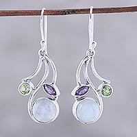 Multi-gemstone dangle earrings, 'Triple Fascination' - Multi-Gemstone Dangle Earrings from India
